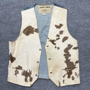 Vintage Jensen Smith Vest Mens Small Cowhide Leather Denim Western USA Cow Print